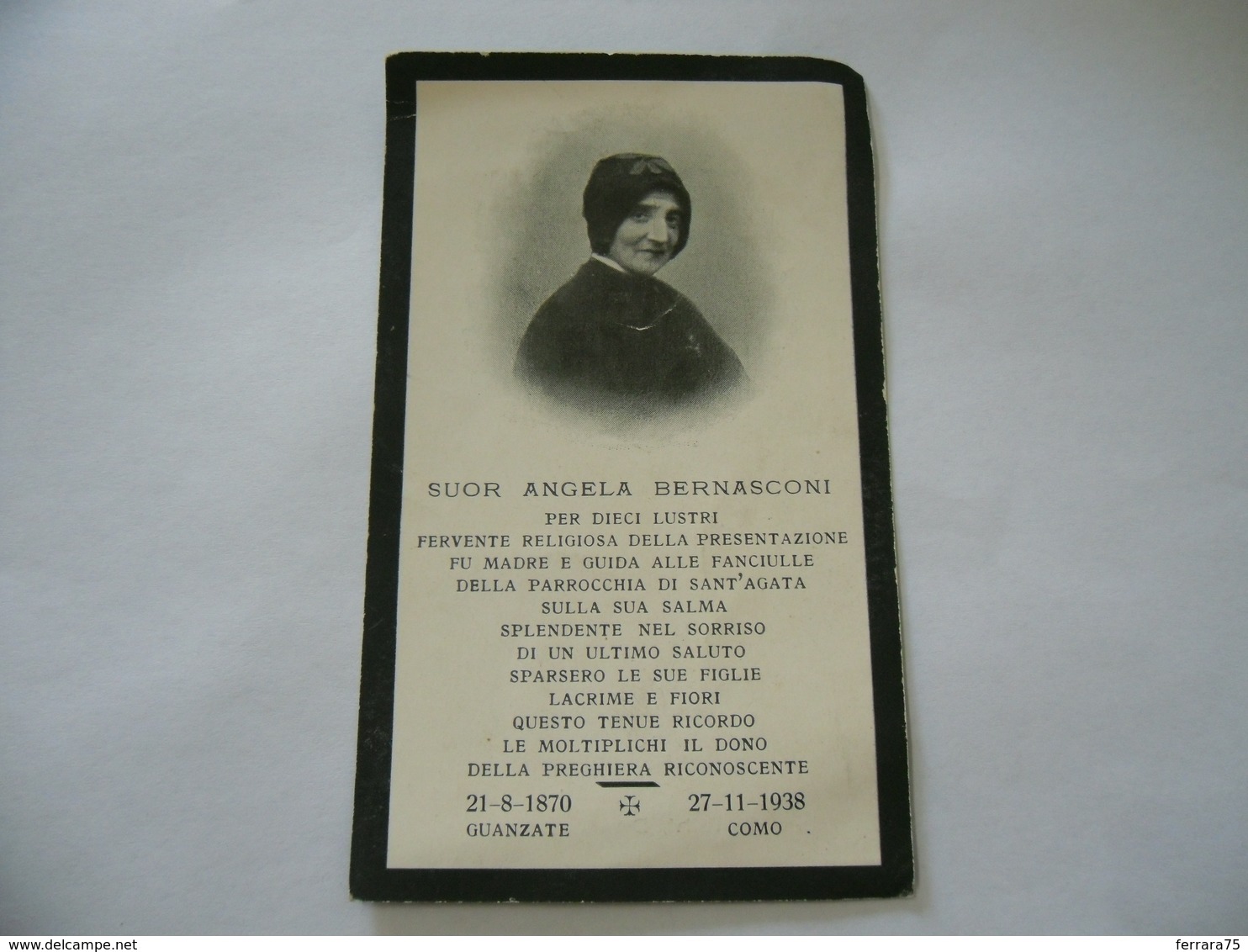 WW2  LUTTINO DEATH CARD  SUOR ANGELA BERNASCONI GUANZATE-COMO 1938 - Religione & Esoterismo