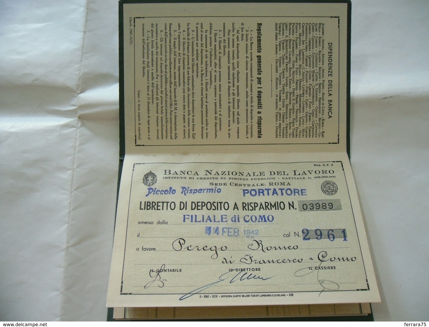 WW2 LIBRETTO DI DEPOSITO A RISPARMIO BANCA NAZIONALE DEL LAVORO FILIALE DI COMO 1942. - Banca & Assicurazione