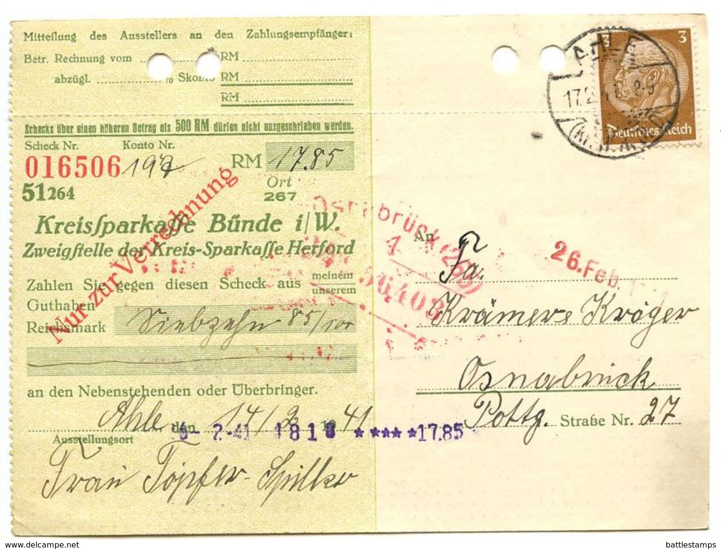 Germany 1941 Ahle - Kreissparkasse Bünde I-W., 3pf. Hindenburg Stamp - Covers & Documents