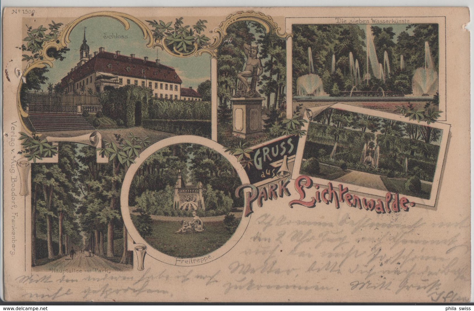 Gruss Aus Park Lichtenwalde - Schloss, Die Sieben Wasserkünste, Freitreppe, Hauptallee - Litho Lithographie - Niederwiesa