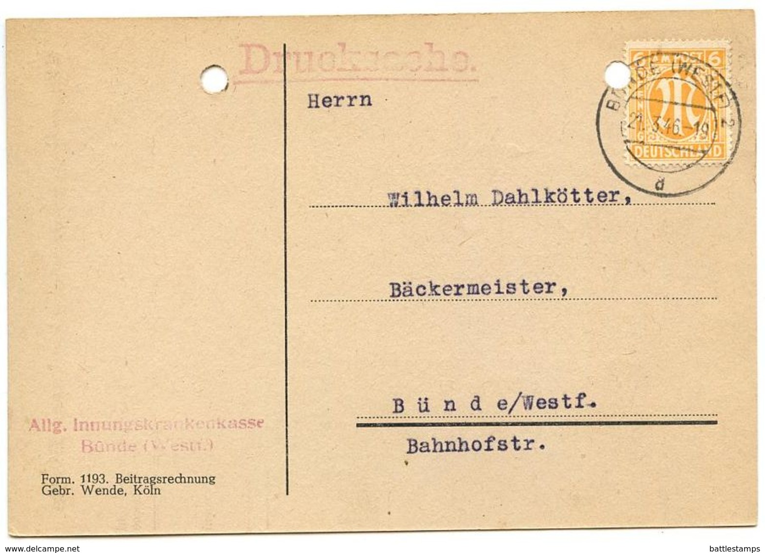 Germany - A.M.G. 1946 Postcard Bünde - Allg. Innungskrankenkasse Bünde, Scott 3N5 - Brieven En Documenten