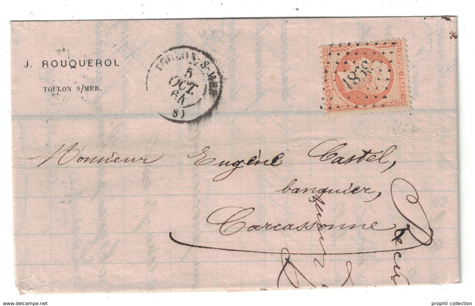 1865 - RARE OBLITERATION PC Du GC 3981 TOULON Sur MER NAPOLEON 40c ORANGE N° 23 LETTRE Pour CARCASSONNE ENTETE ROUQUEROL - 1849-1876: Période Classique