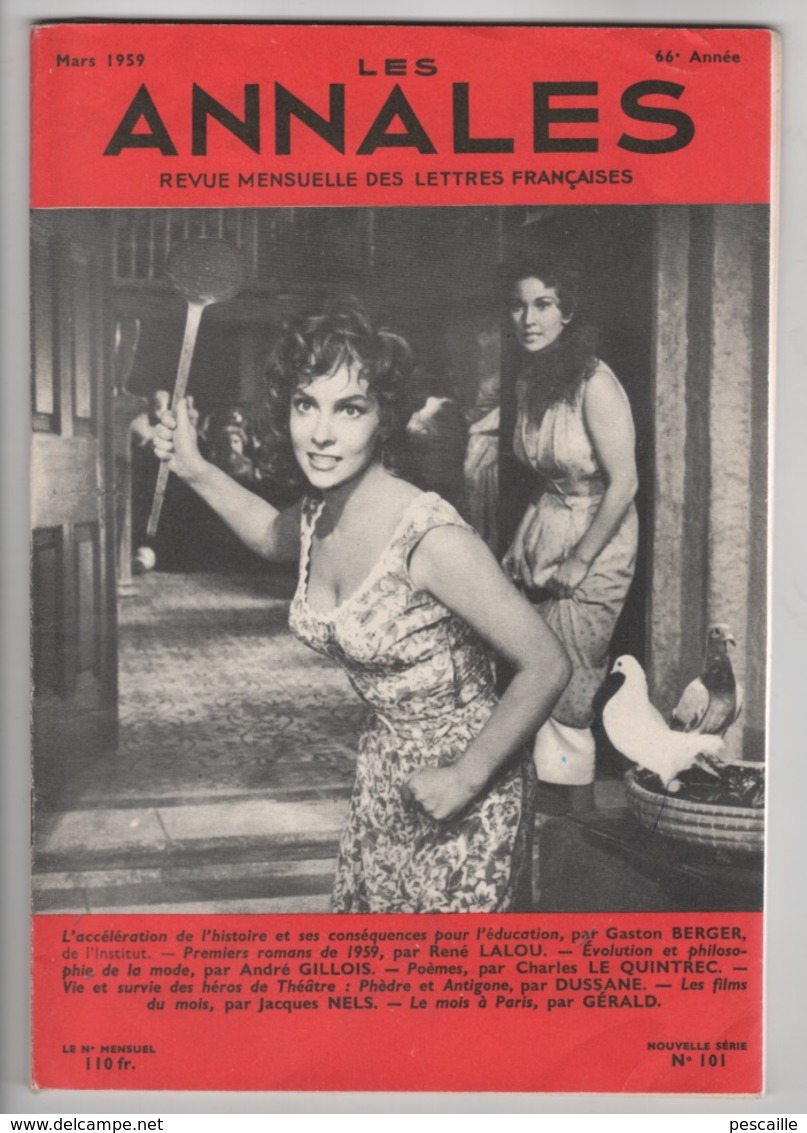 LES ANNALES 03 1959 - GINA LOLLOBRIGIDA - ACCELERATION DE L'HISTOIRE - LA MODE - CHARLES LE QUINTREC - HEROS DE THEATRE - 1950 à Nos Jours