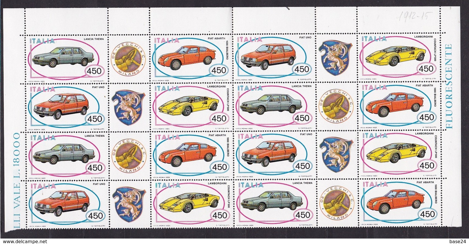 1985 Italia Italy Repubblica AUTOMOBILI - CARS 4 Serie Di 4v. MNH** In Blocchi Di 4 - Automobili