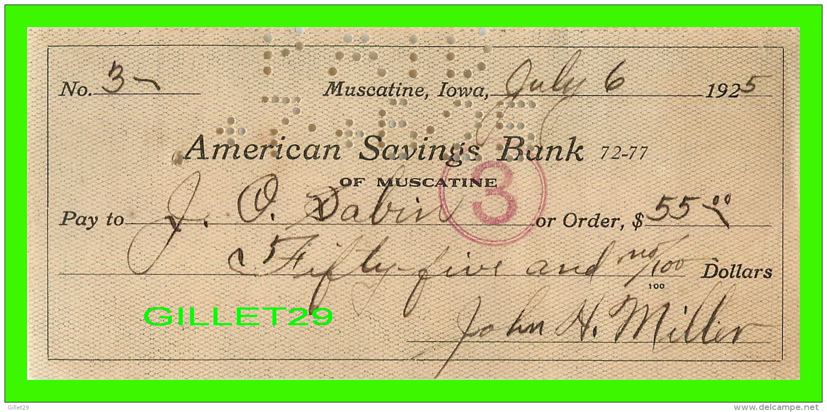 CHÈQUES - AMERICAN SAVINGS BANK, MUSCATINE, IOWA - IN 1925 No 3 - - Cheques & Traverler's Cheques