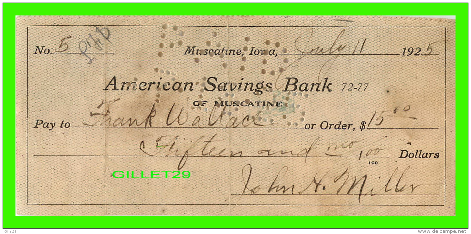 CHÈQUES - AMERICAN SAVINGS BANK, MUSCATINE, IOWA - IN 1925 - No 5 - - Cheques & Traverler's Cheques