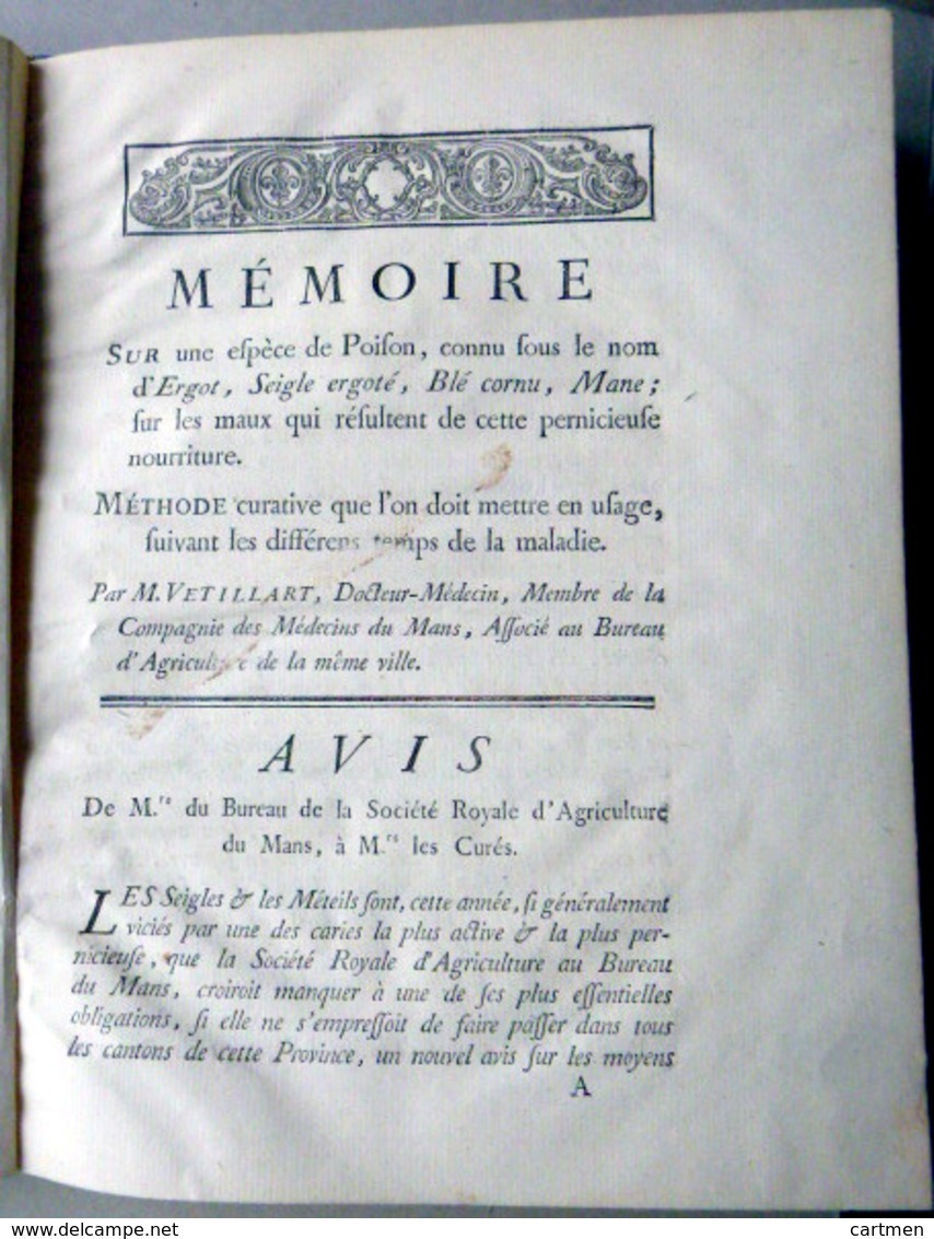 MEDECINE SORCELLERIE ERGOT DU SEIGLE MEMOIRE SUR UNE ESPECE DE POISON VETILLART 1770 RARE - Documentos Históricos