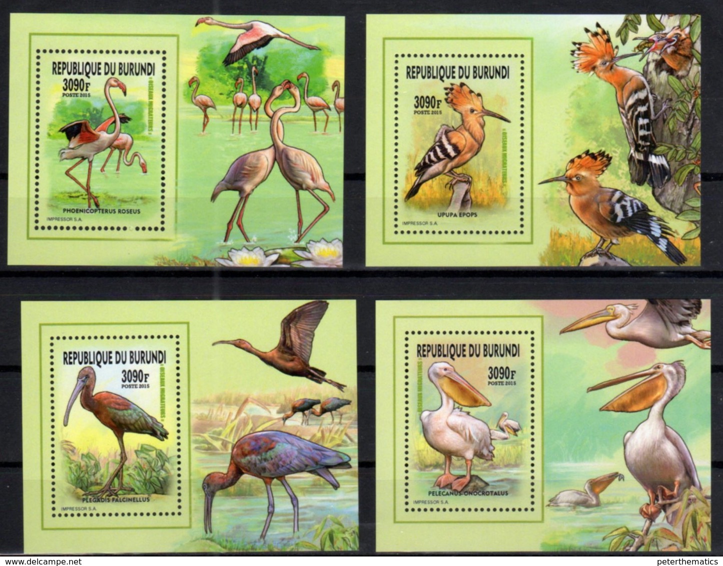 BURUNDI, 2015, MNH, BIRDS, MIGRATORY BIRDS, PELECANS, STORKS, FLAMINGOS,  4 DELUXE S/SHEETS , OFFICIAL ISSUE - Flamingo