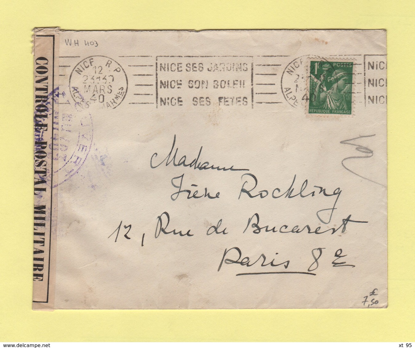 Censure WH 403 - Nice Destination Paris - 1940 - Type Iris - Oorlog 1939-45