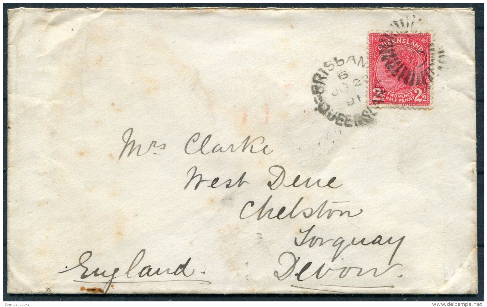 1891 Queensland Brisbane Board Of Waterworks Cover - Chelston Torquay England - Storia Postale