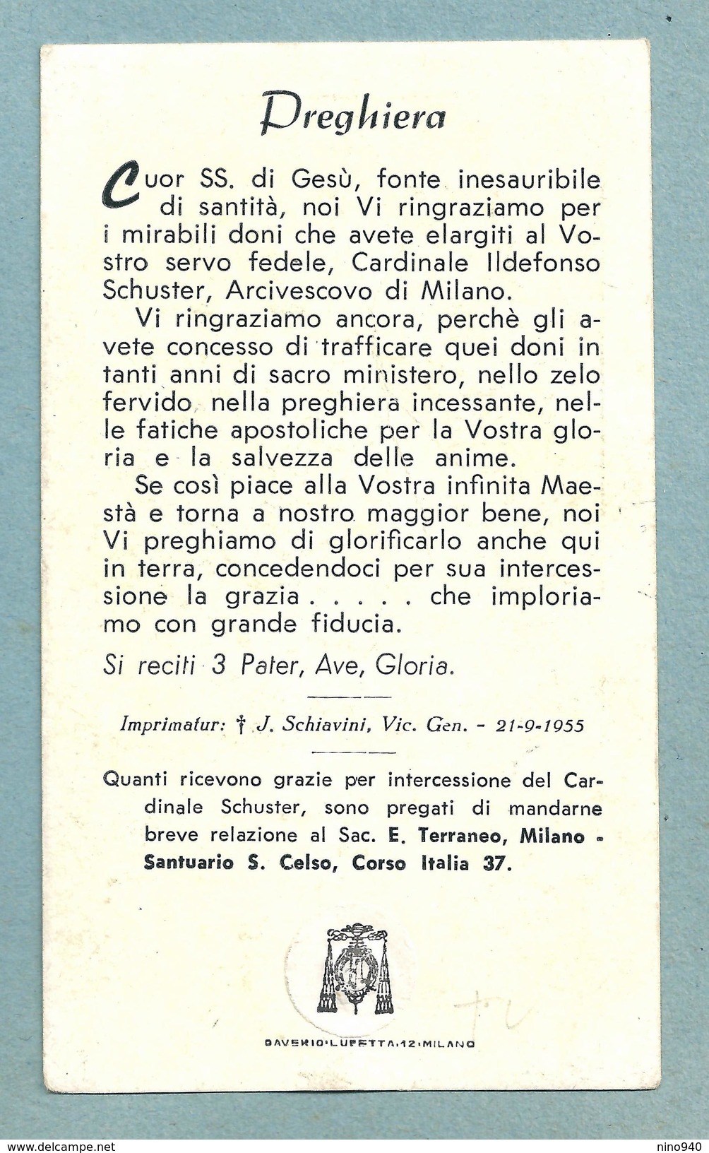 S.d.D. Card. A. ILDEFONSO SCHUSTER  - CON RELIQUIA  -  E - PR - Mm. 66 X 114 - Religione & Esoterismo