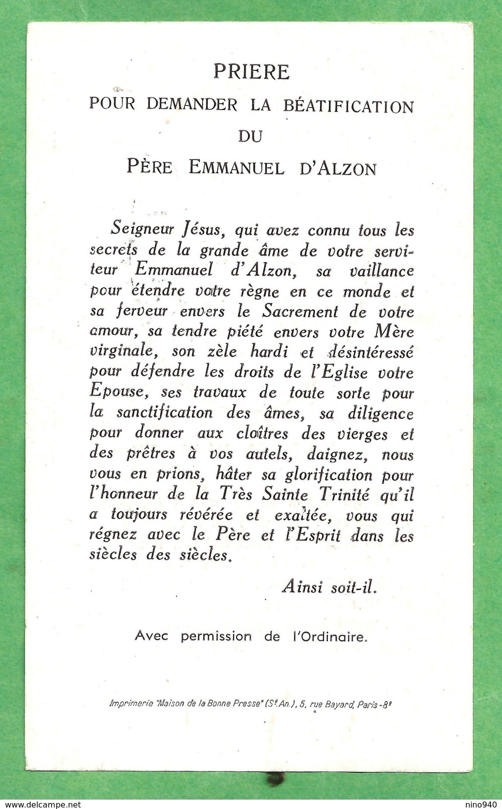 S.d..D. EMMANUEL D'ALZON - CON RELIQUIA - E - PR - Mm. 75 X 125 - Religione & Esoterismo
