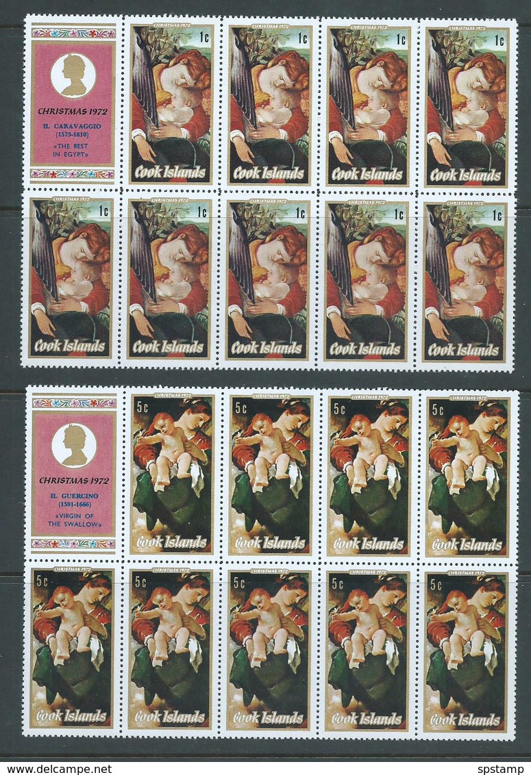 Cook Islands 1972 Christmas Paintings Set Of 5 In Blocks Of 9 + Label MNH / MLH - Cook