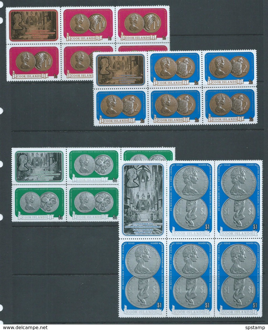 Cook Islands 1972 QEII Silver Wedding Coinage Set 7 In Blocks Of 5 + Label MNH / MLH - Cook Islands