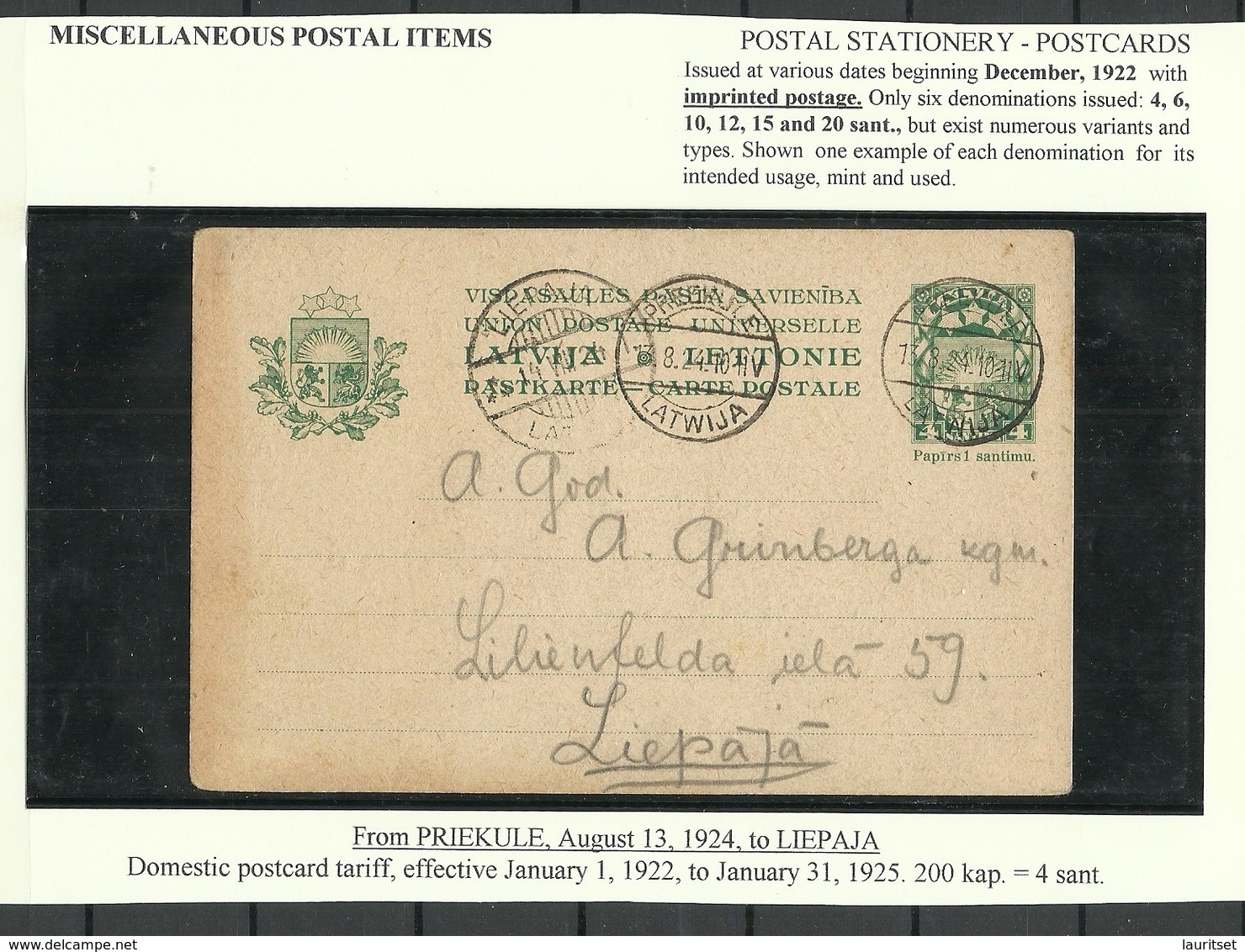 LETTLAND Latvia 1924 Ganzsache Postal Stationery 4 S. Priekule To Liepaja - Letonia