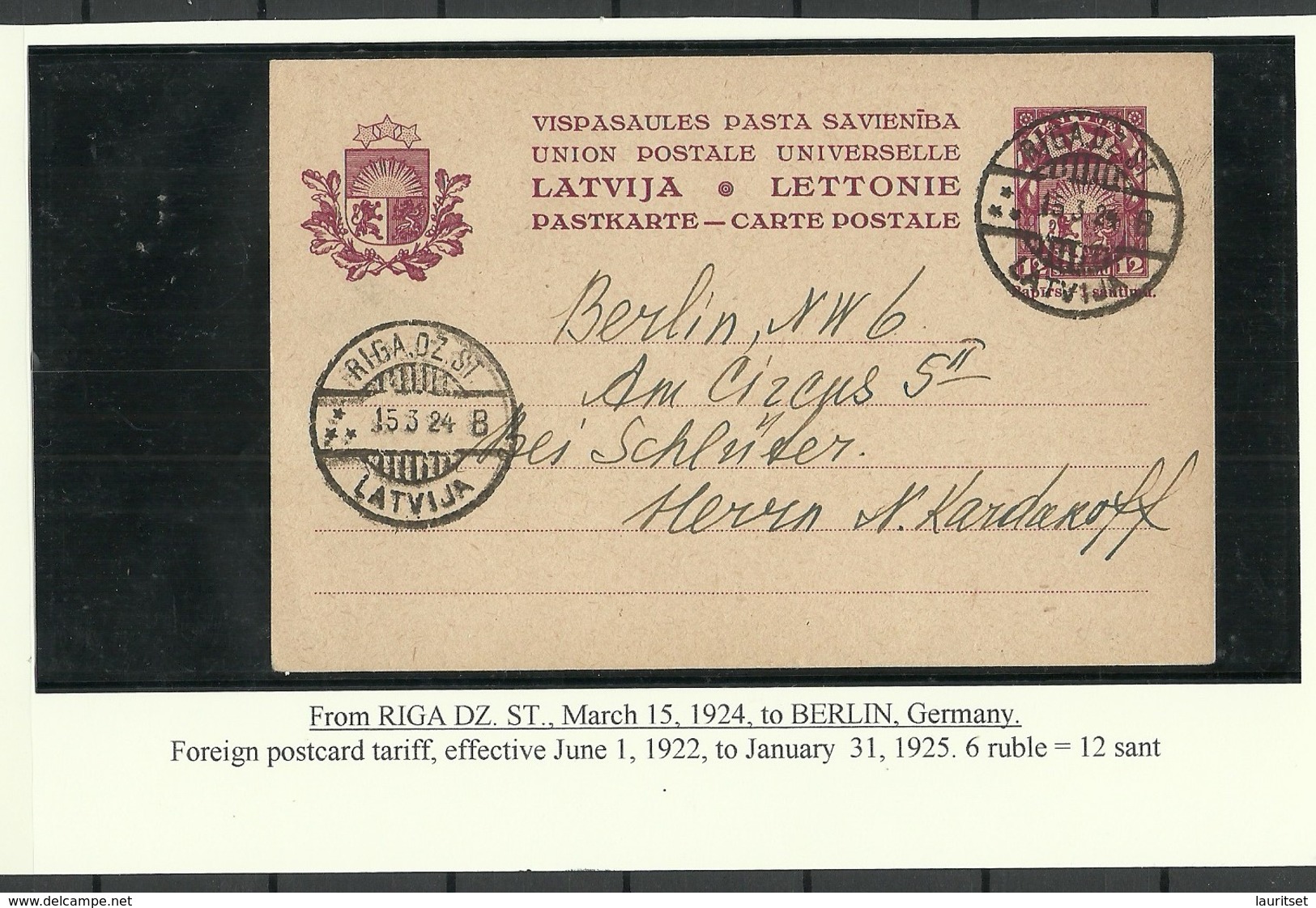 LETTLAND Latvia 1924 Ganzsache Postal Stationery 12 S. Riga To Berlin - Latvia