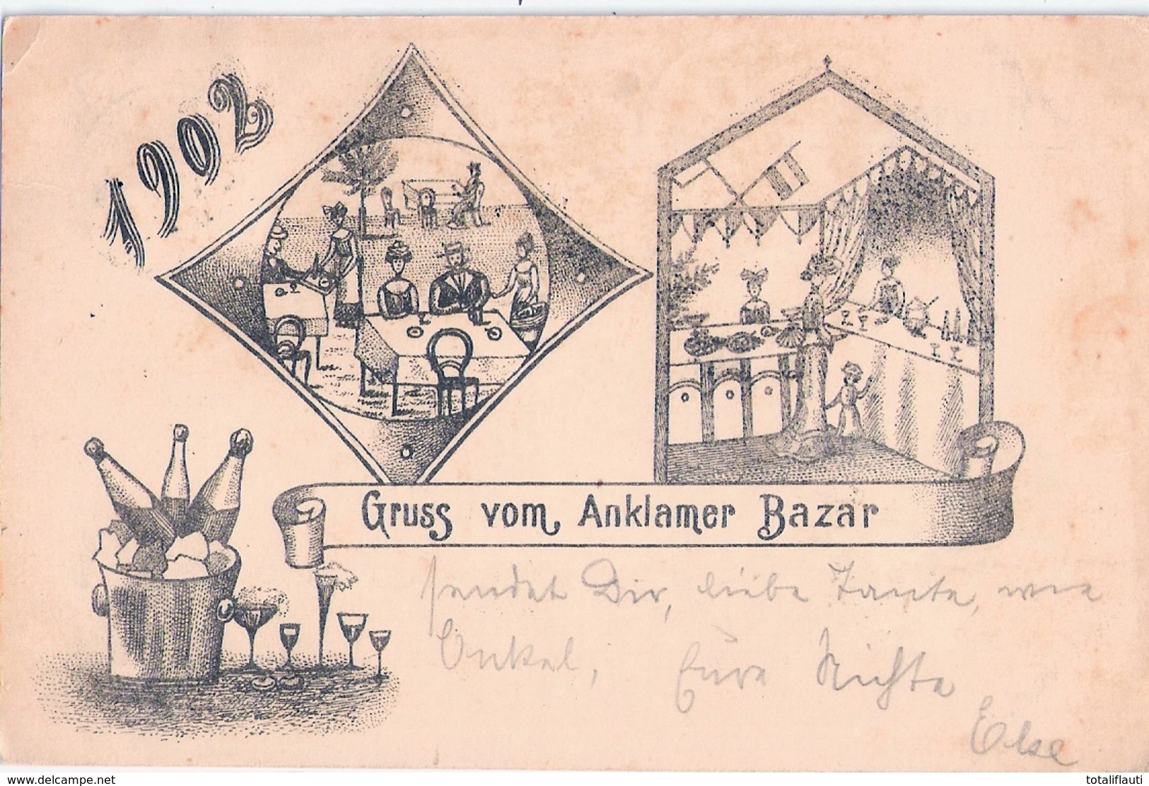ANKLAM Gruss Vom Bazar 13.11.1902 Federstrich Litho Stempel Rückseitig Bazar Post Anklam Stempel Grün Benefiz - Anklam