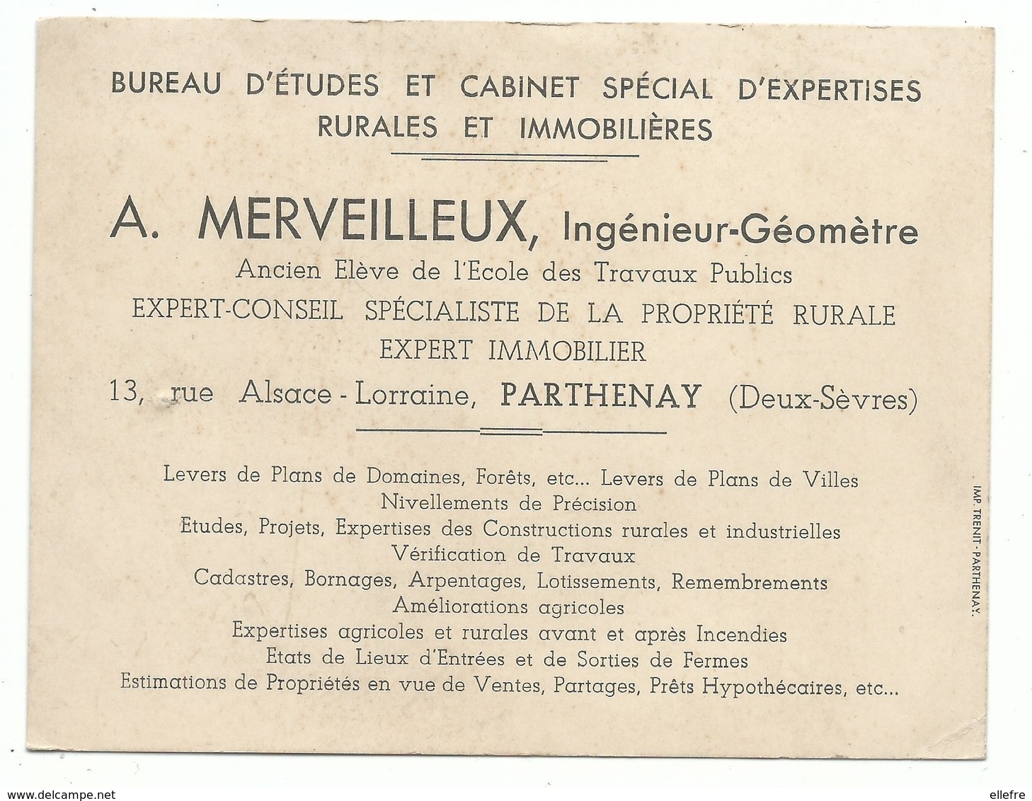 Carte De Visite Bureau D' études Rurales Et Immobilières Ingénieur Géomètre Parthenay 79 Fermage Cadastre.arpentage.. - Visiting Cards