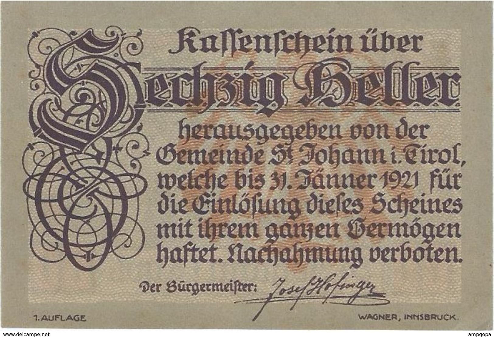 Austria 60 Heller 31-1-1921, St. Johann (Tirol) 898a UNC - Austria