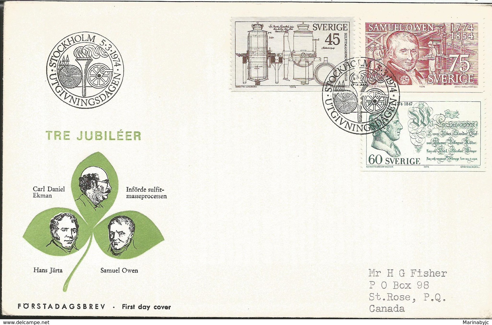 V) 1974, SWEDEN, ANNIVERSARY OF CARL DANIEL EKMAN, HANS JARTA AND SAMUEL OWEN, FIRST DAY COVER, CIRCULATED FROM SWEDEN T - Other & Unclassified