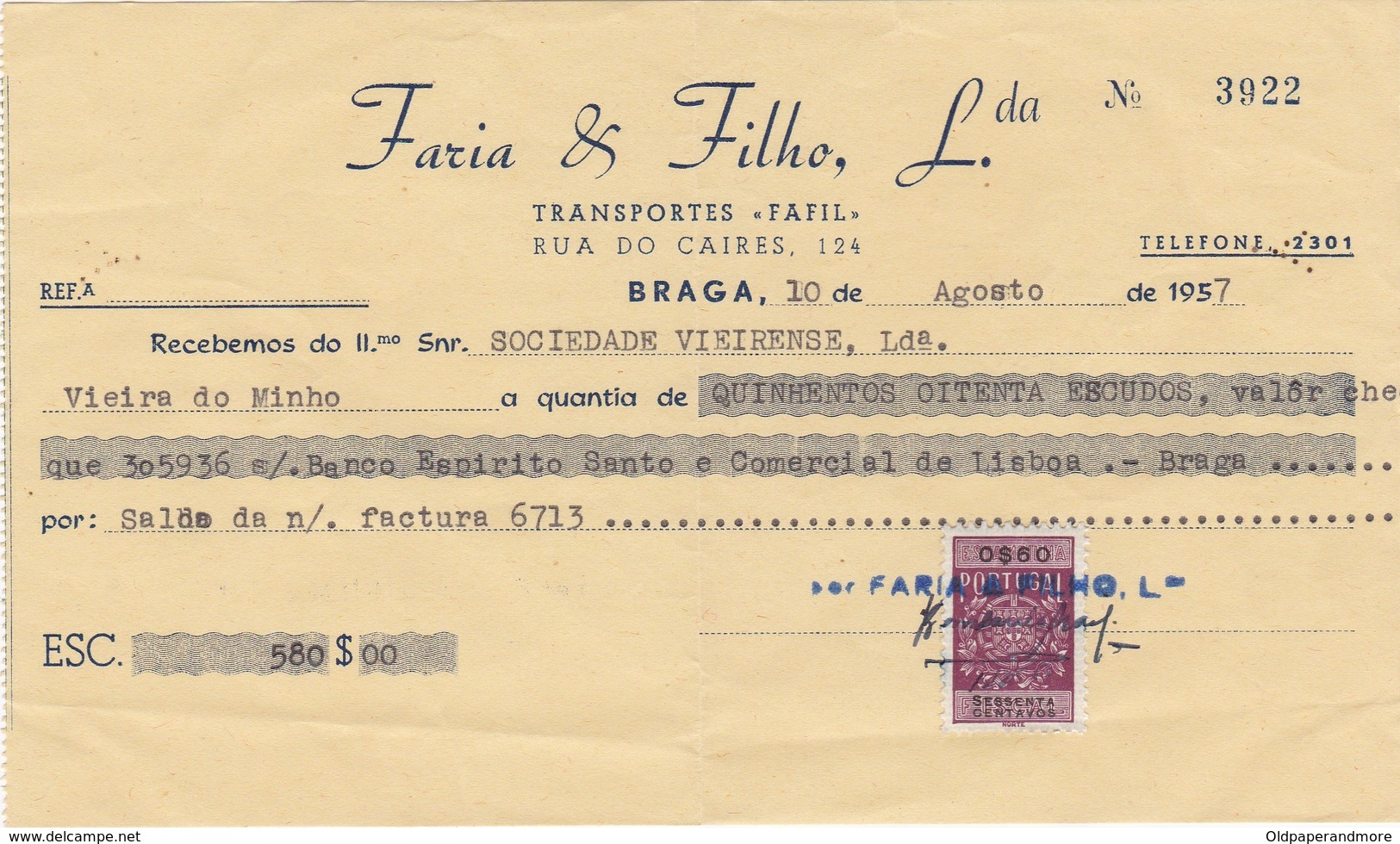 PORTUGAL COMMERCIAL INVOICE - TRANSPORTES FAFIL  - BRAGA     - FISCAL STAMPS - Portugal