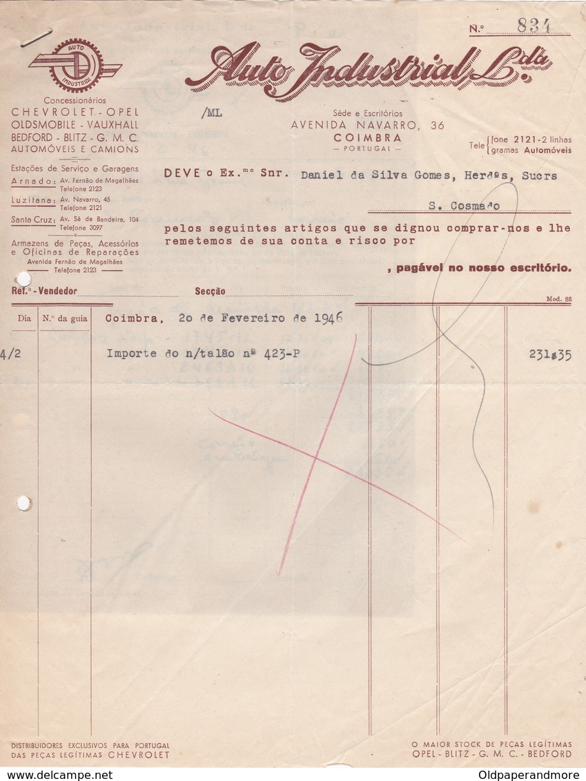 PORTUGAL COMMERCIAL INVOICE - AUTO INDUSTRIAL - COIMBRA - CHEVROLET - OPEL . OLDSMOBILE - VAUXHALL - BEDFORD - Portugal