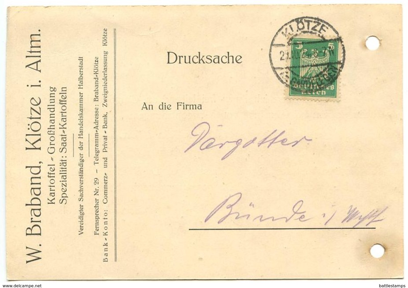 Germany 1924 Postcard Klötze - W. Braband To Bünde, Scott 331 - Covers & Documents