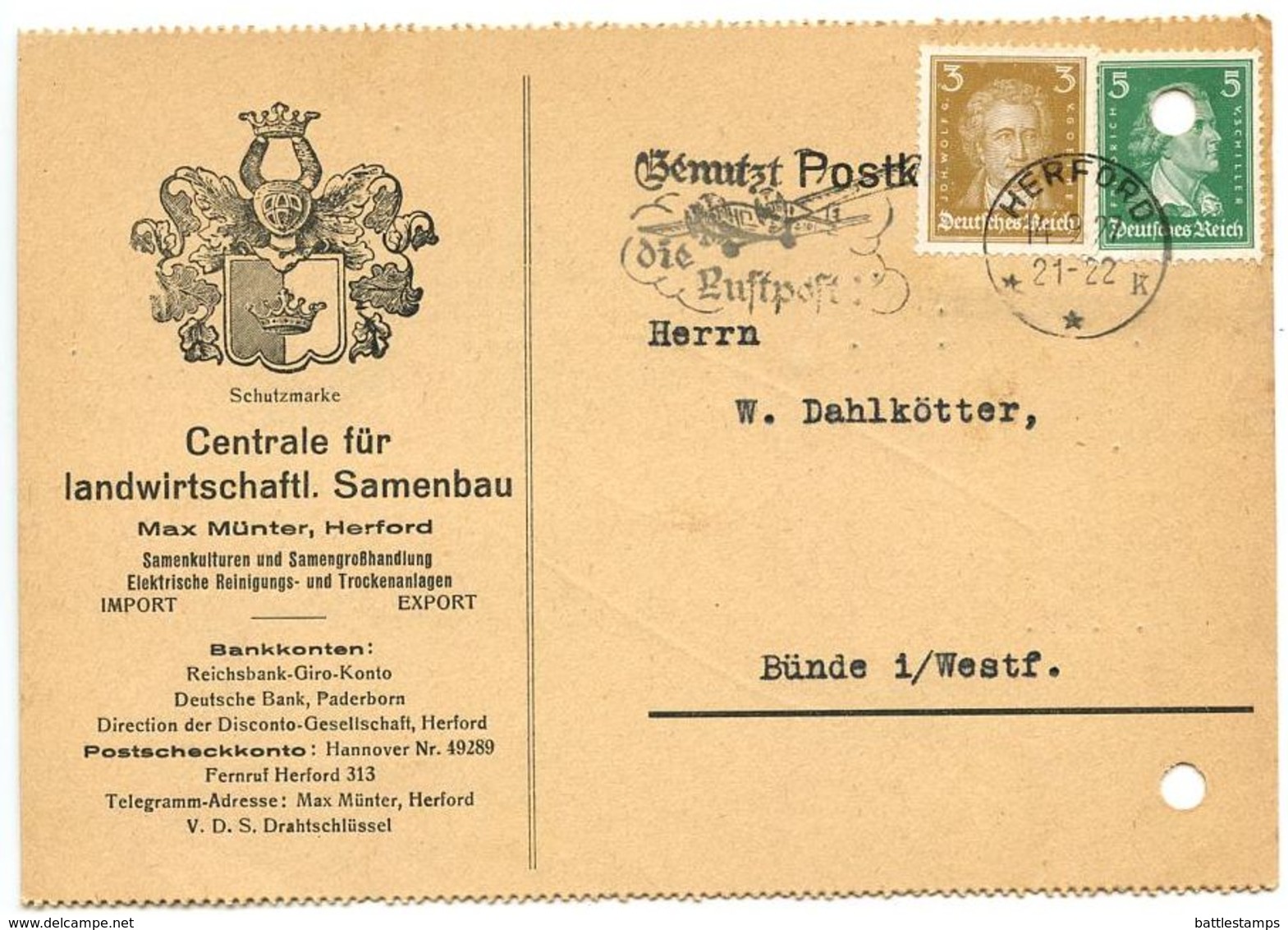 Germany 1927 Postcard Herford - Centrale Für Landwirtschaftl. Samenbau, Max Münter - Covers & Documents