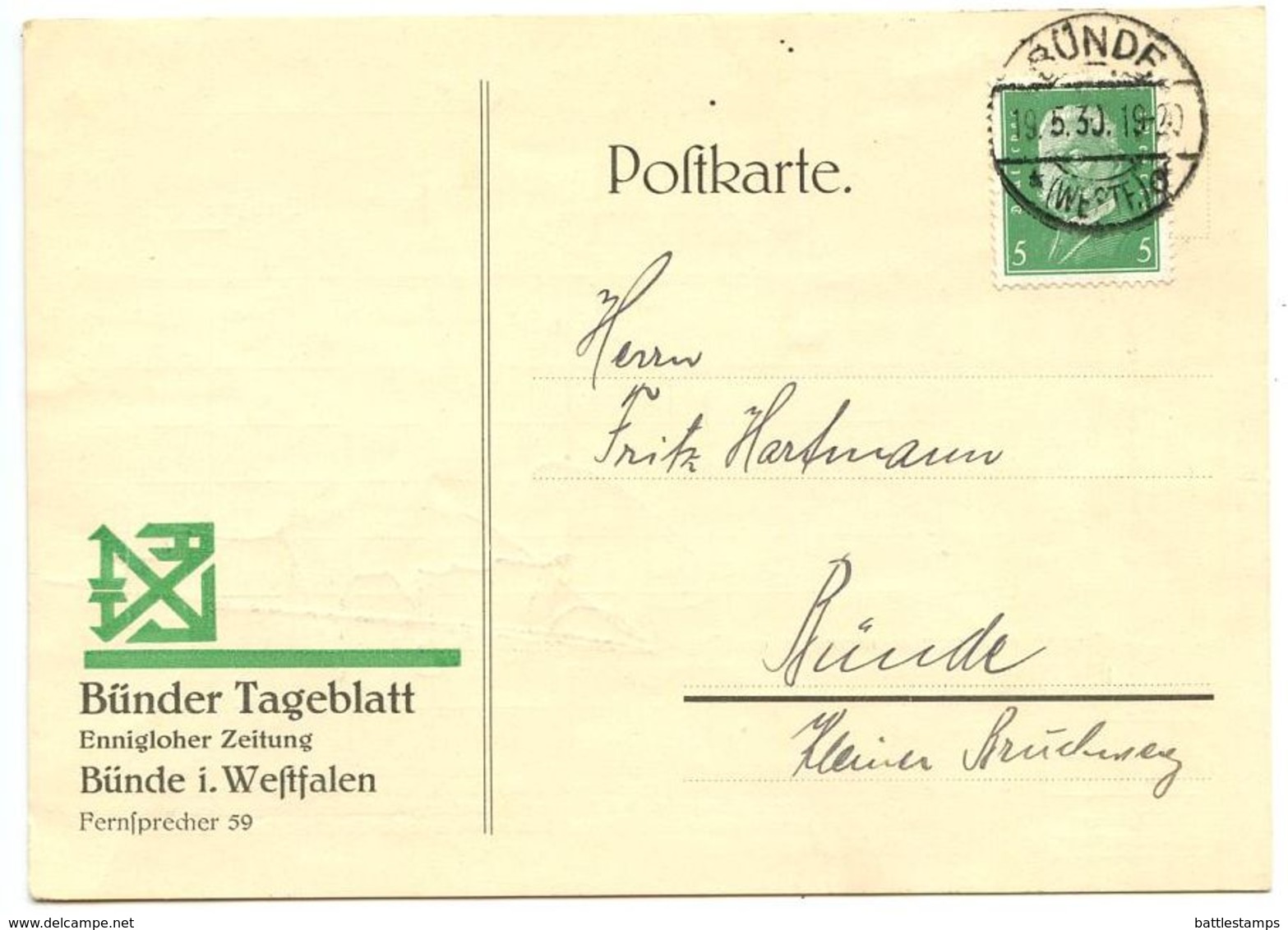 Germany 1930 Postcard Bünde - Bünder Tageblatt, Scott 368 Hindenburg - Covers & Documents