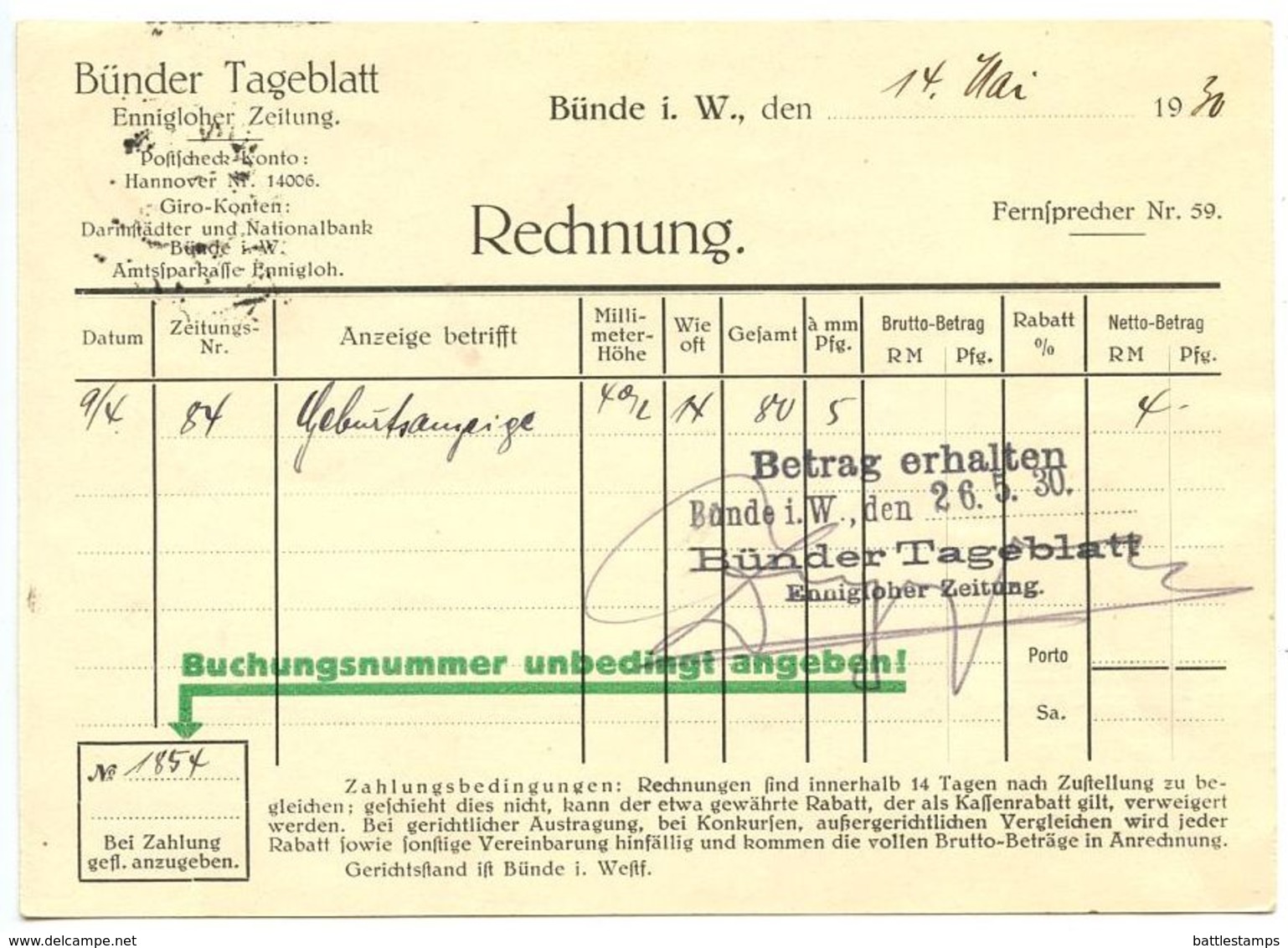 Germany 1930 Postcard Bünde - Bünder Tageblatt, Scott 368 Hindenburg - Covers & Documents