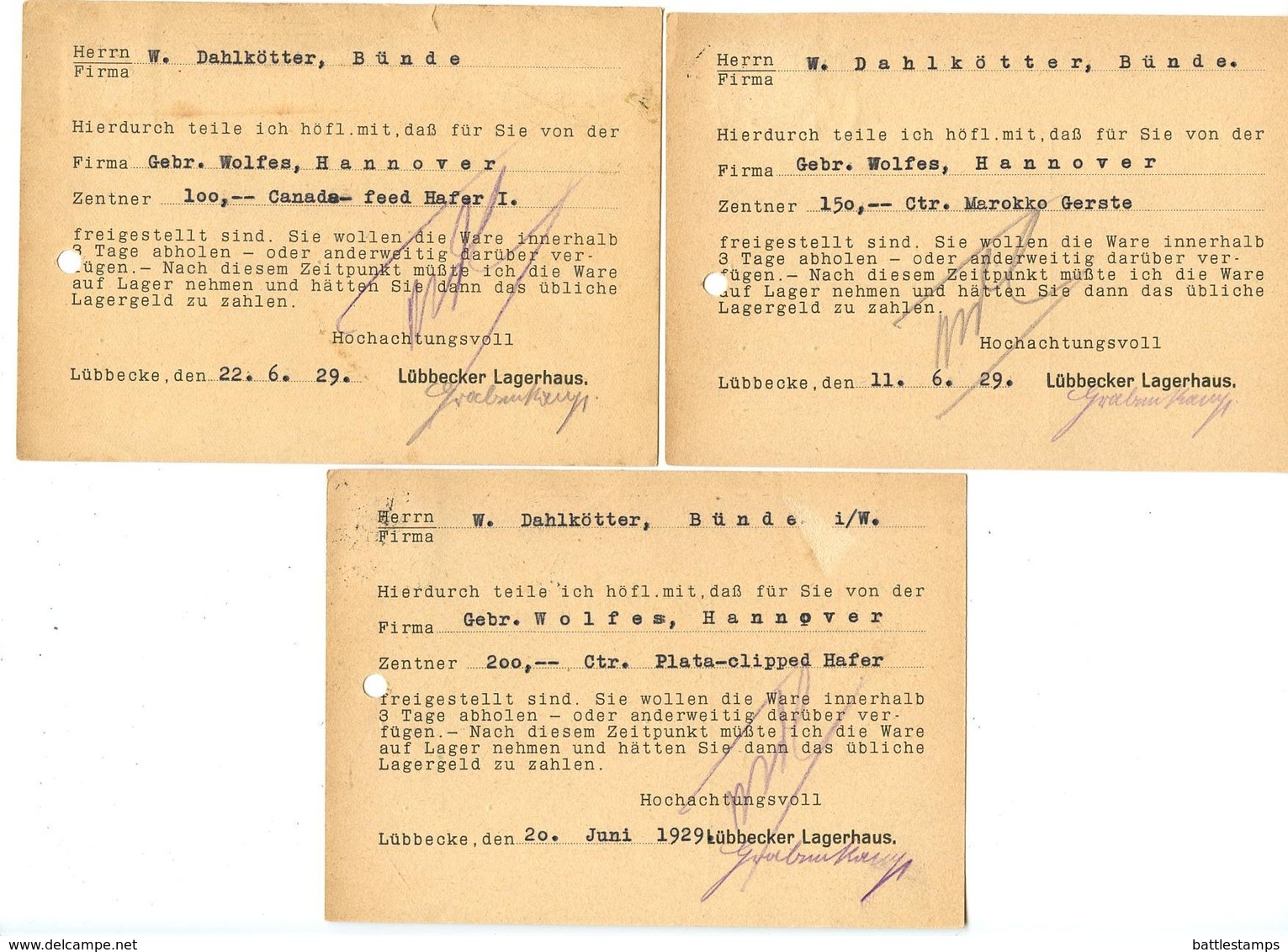 Germany 1929 3 Postcards Lübbecke - Lübbecker Lagerhaus To Bünde, 1 TPO Pmk - Covers & Documents