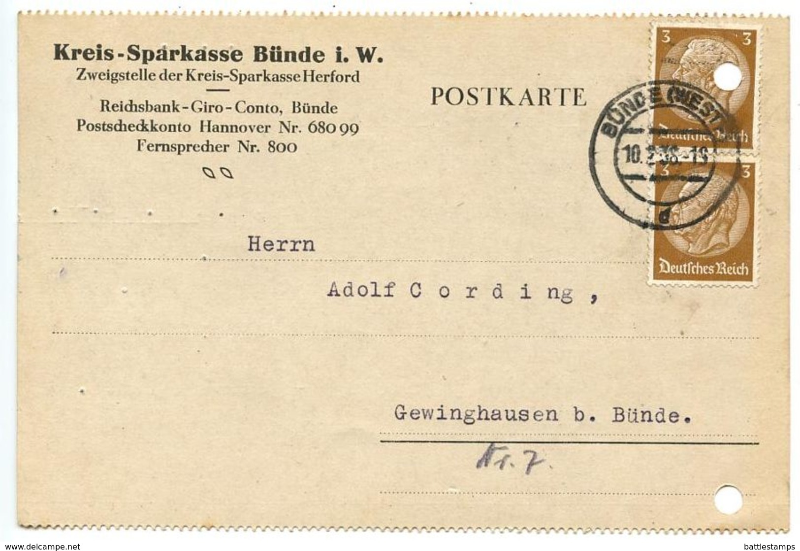 Germany 1938 Postcard Bünde - Kreis-Sparkasse Bünde, 3pf. Hindenburg X 2 - Briefe U. Dokumente