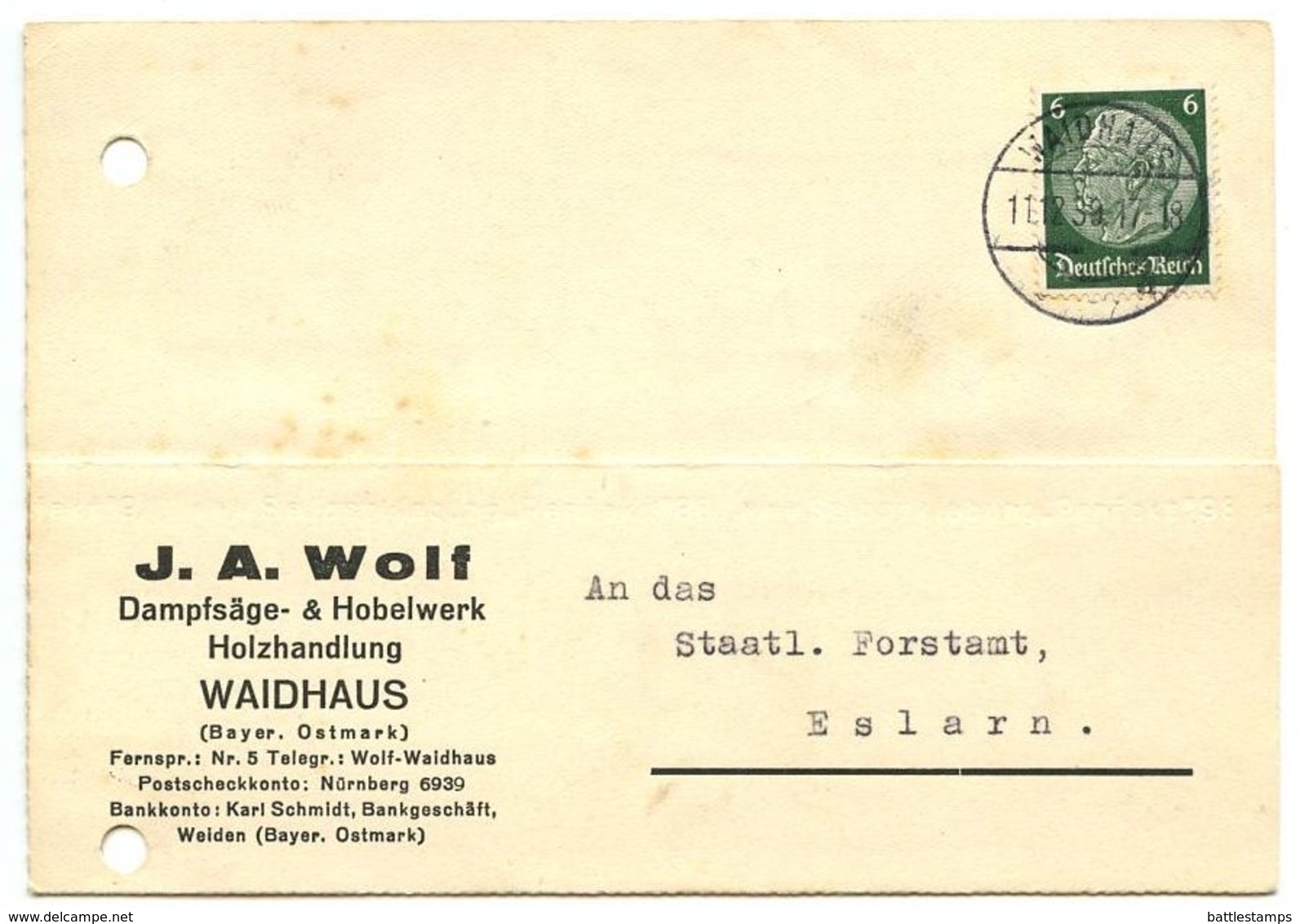 Germany 1939 Postcard Waidhaus - J.A. Wolf, Dampfsäge- & Hobelwerk Holzhandlung - Briefe U. Dokumente