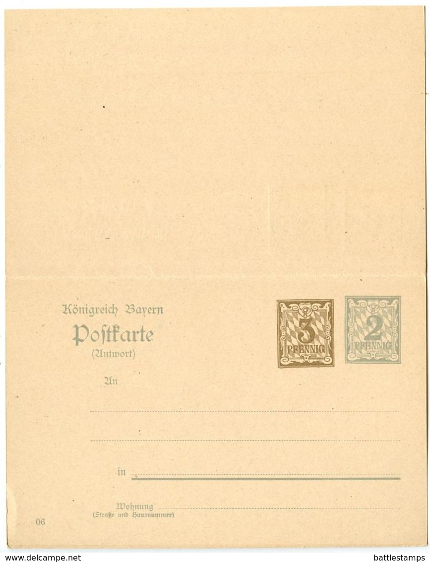 Germany - Bavaria 19th C. Mint 3pf + 2pf Postal Reply Card - Postal  Stationery