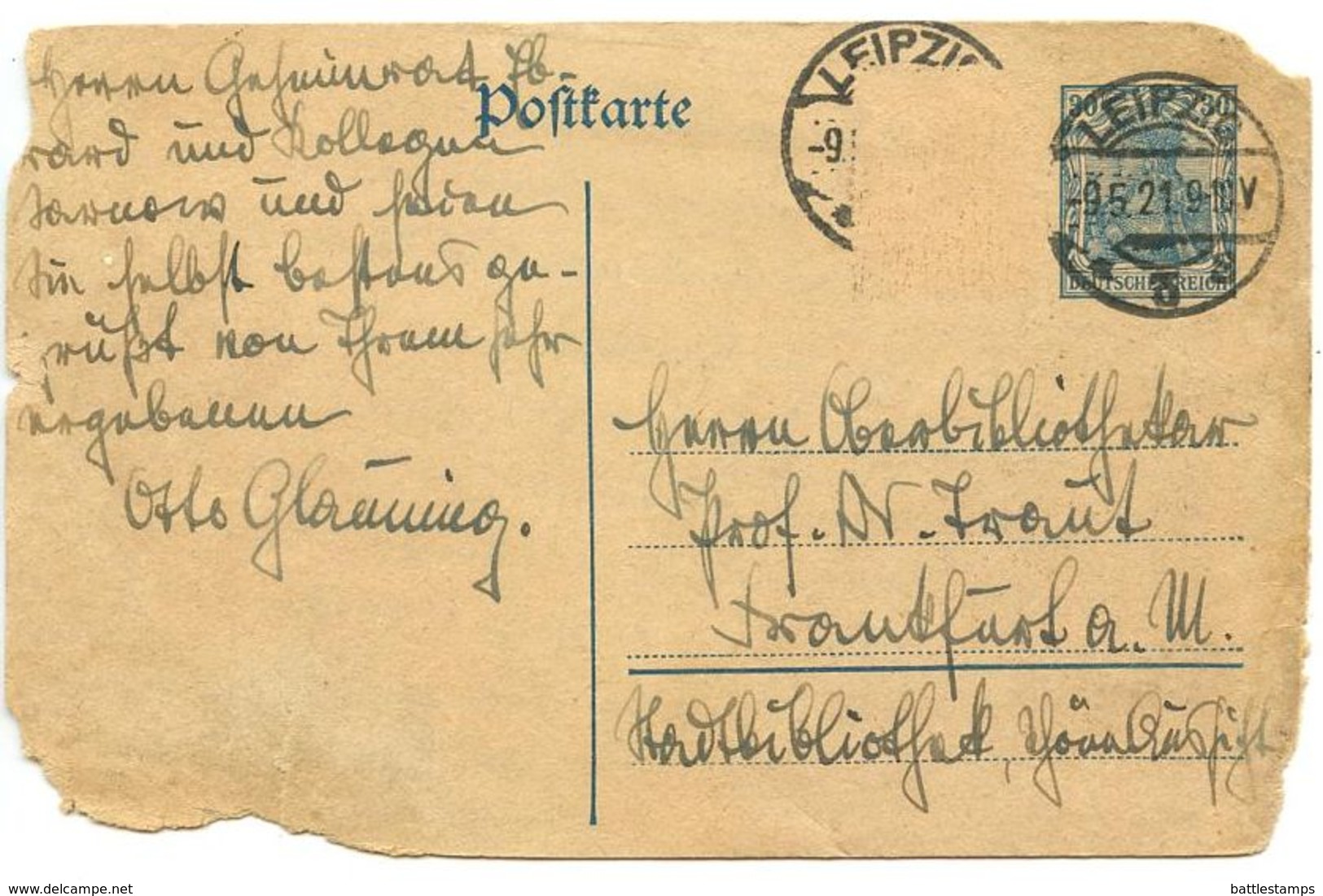 Germany 1921 30pf Postal Card Leipzig To Frankfurt A. M. - Briefkaarten