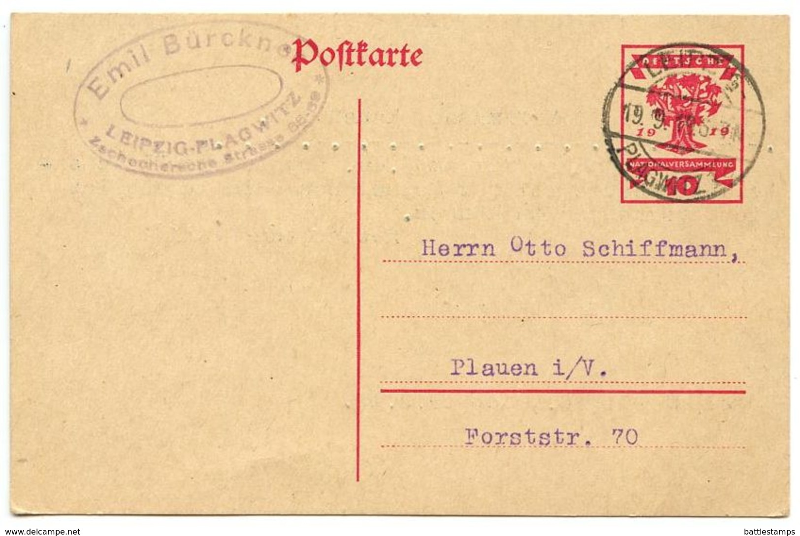 Germany 1919 10pf National Assembly Postal Card Leipzig-Plagwitz To Plauen I / V - Postcards