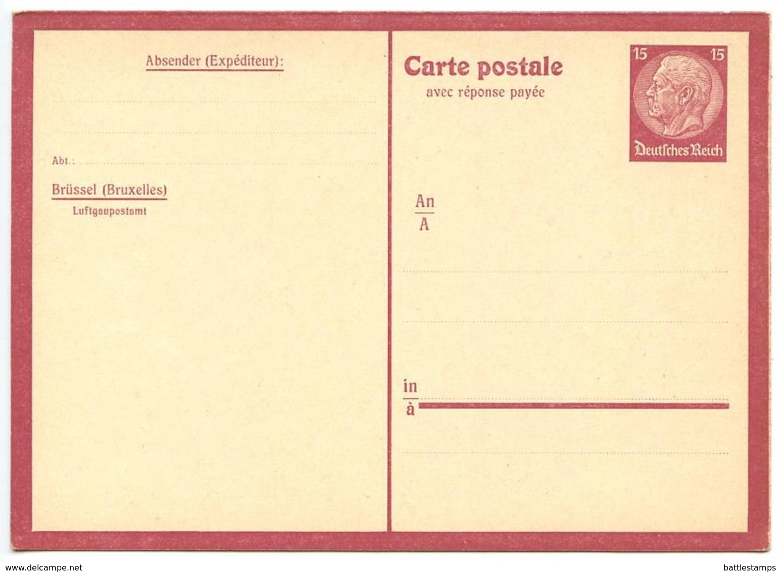 Germany 1940‘s Mint Luftgaupostamt - Postal Reply Card For Use In Occupied Belgium - Postcards