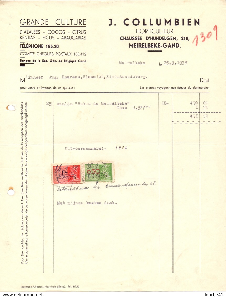 Factuur Facture -horticulteur - J. Collumbien - Merelbeke 1938 - Agriculture