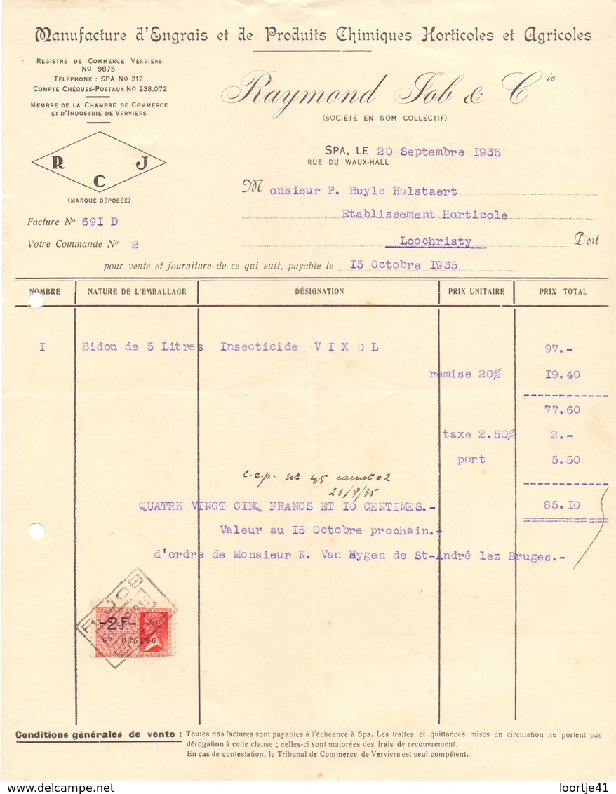 Factuur Facture - Manufacture D'engrais - Raymond Job & Cie - Spa 1935 - Agricoltura