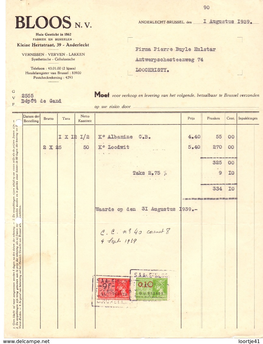 Factuur Facture - Vernis Verf - Bloos Nv - Anderlecht 1939 - Ambachten