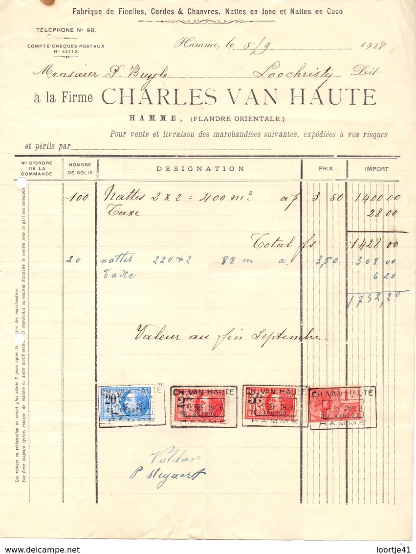 Factuur Facture - Fabrique De Cordes - Charles Van Haute - Hamme 1928 - Old Professions