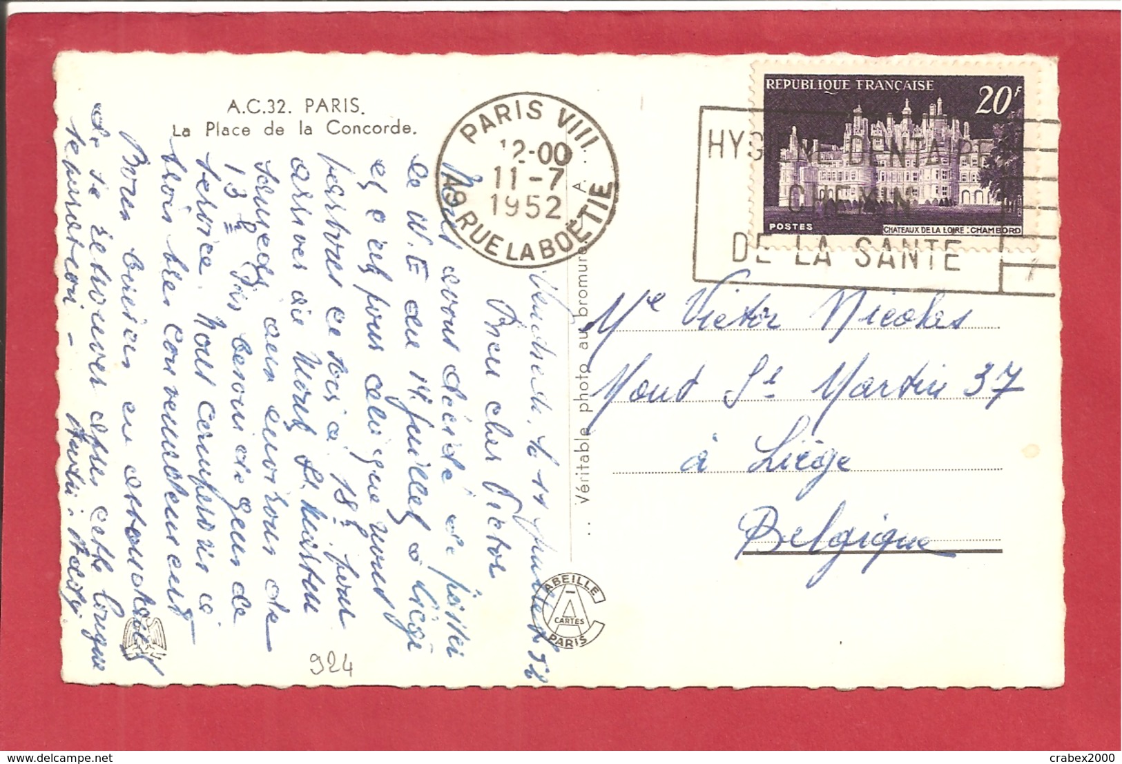 Y&T N°924 PARIS VIII  Vers  BELGIQUE  1952 2 SCANS - Lettres & Documents