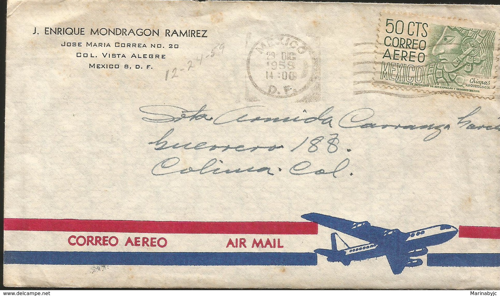 V) 1959, MEXICO, AIR MAIL, BLUE AIRPLANE, STAMP OF CHIAPAS ARCHEOLOGY, 50 CENTS,CONTAINS LETTER. - Mexico