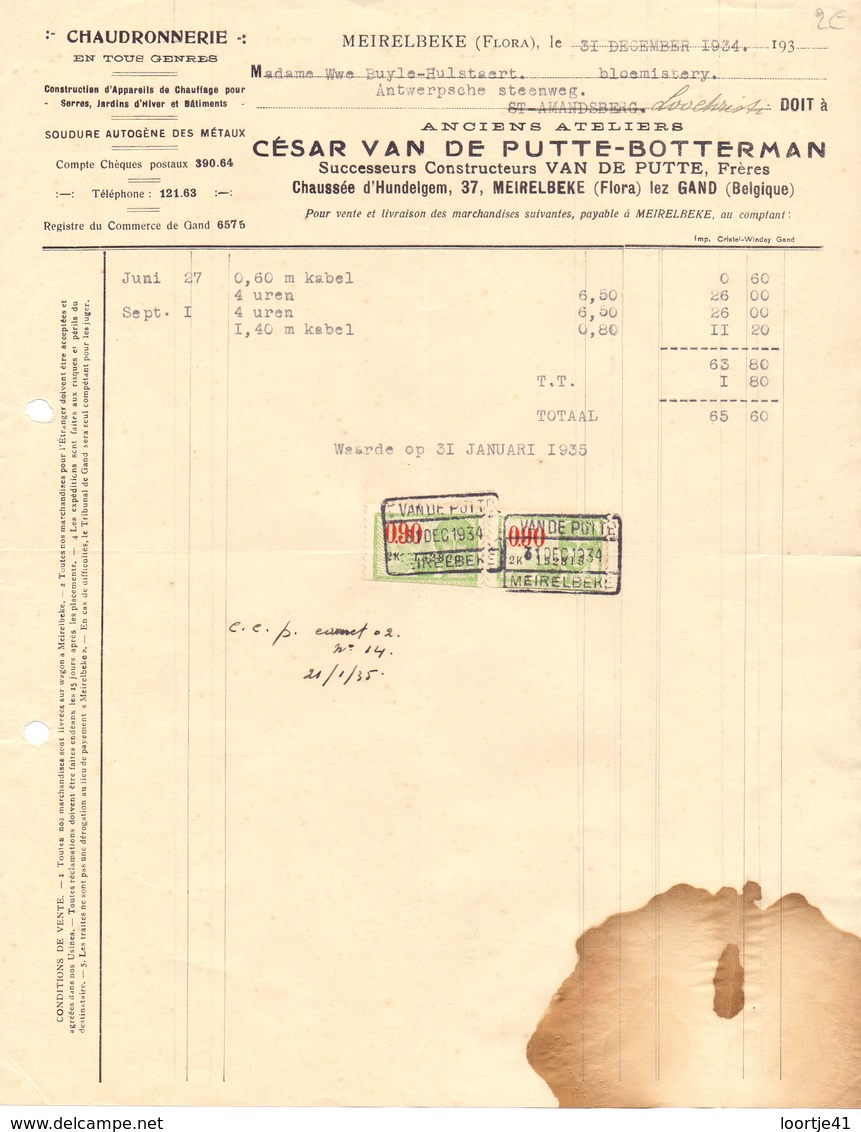 Factuur Facture - Chaudronnerie Atelier César Van De Putte - Botterman - Merelbeke 1934 - Petits Métiers