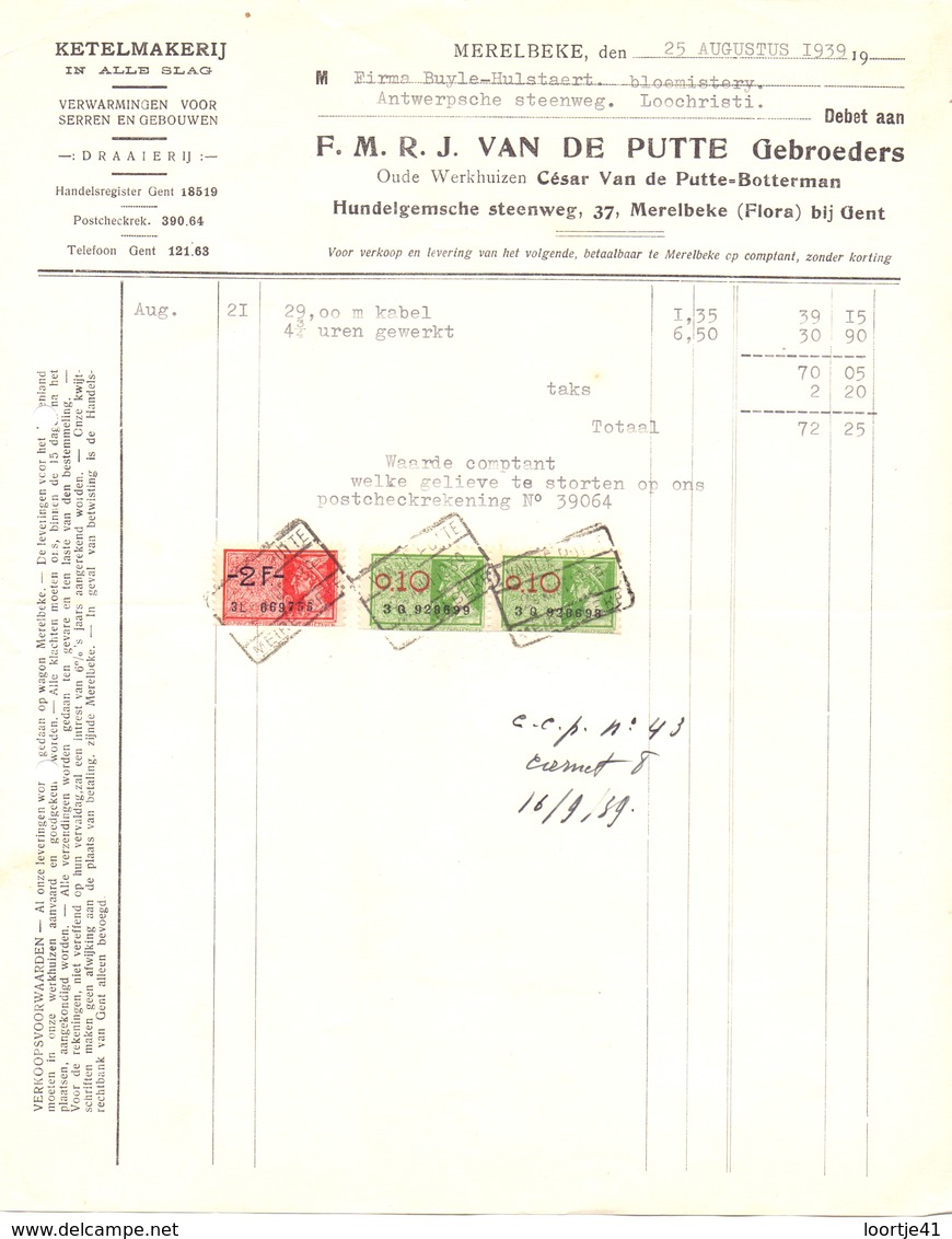 Factuur Facture - Ketelmakerij FMRJ Van De Putte Gebrs - Merelbeke 1939 - Petits Métiers