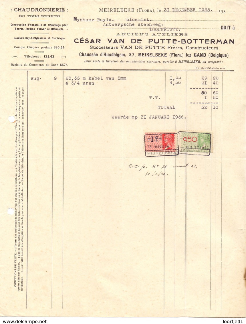 Factuur Facture - Chaudronnerie César Van De Putte - Botterman - Merelbeke 1935 - Ambachten