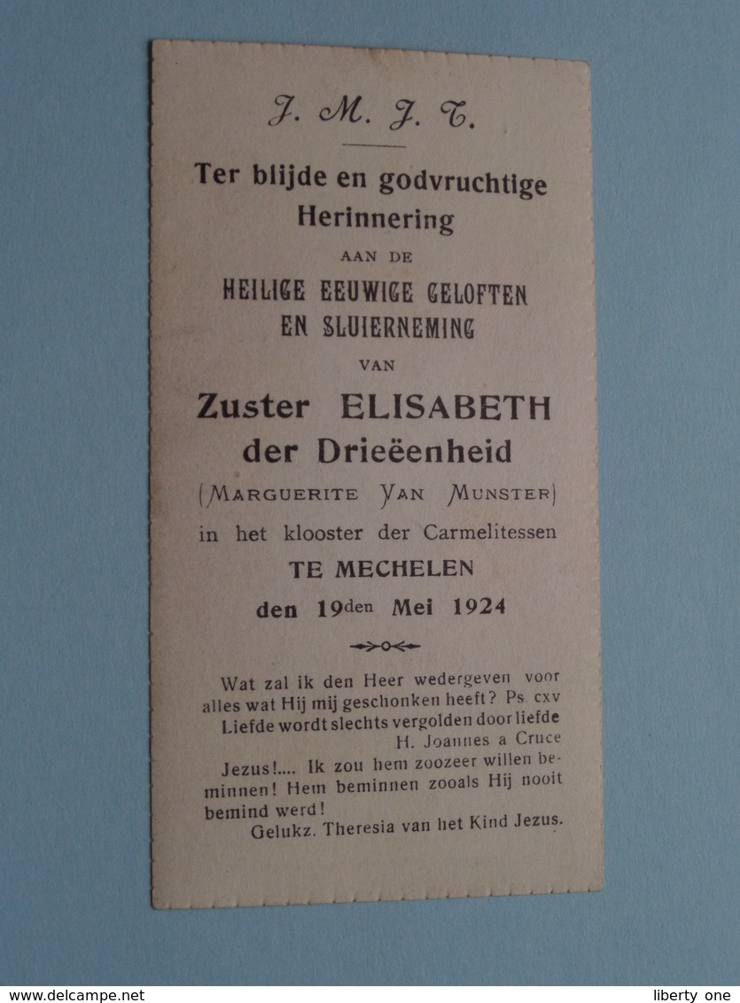 Sluier > Zuster ELISABETH Der Drieëenheid ( Van Munster ) Klooster Carmelitessen MECHELEN 19 Mei 1924 ( Zie Foto's ) ! - Religione & Esoterismo