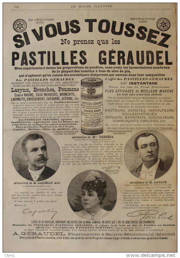 Pastilles Geraudel - Publicité - Attestation De M. Coquelin Ainé Et De Mme Thérésa - Page Original 1887 - Documents Historiques