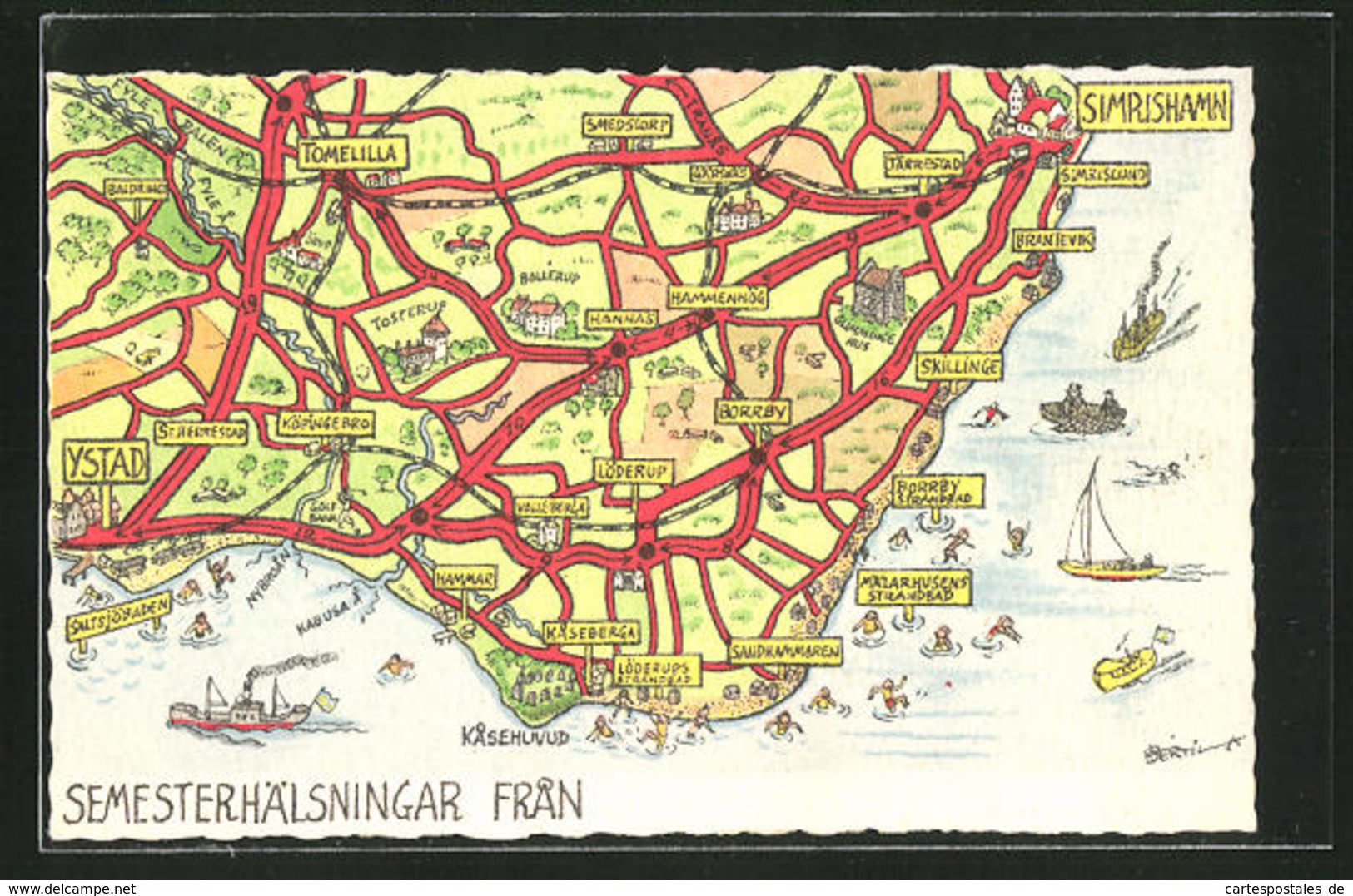 CPA Simrishamn, Carte Géographique Avec Wegenetz Zwischen Simrishamn Et Ystad - Suède
