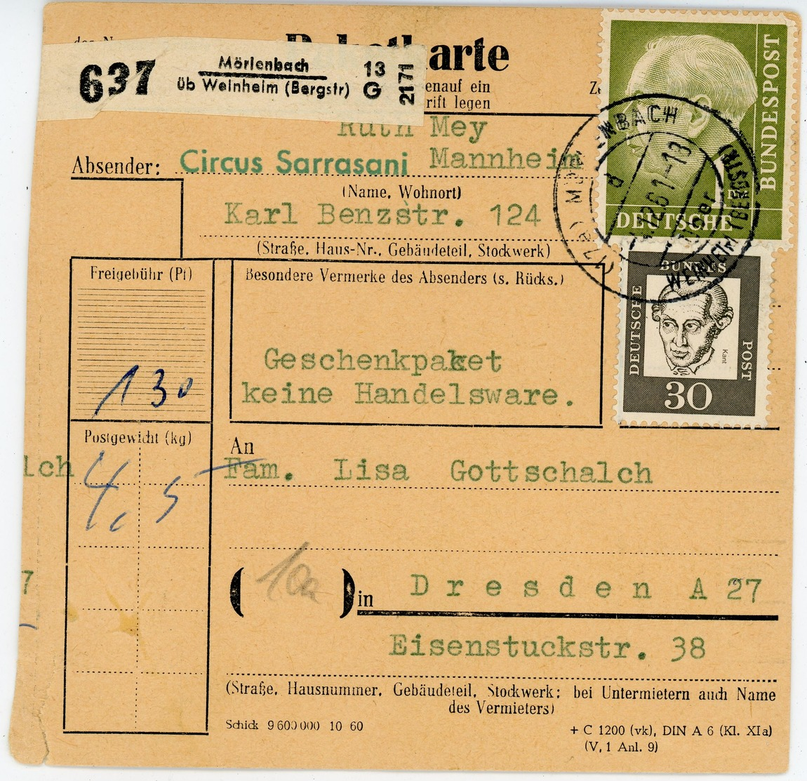 Landpoststempel "Mörlenbach über Weinheim" Paketkarte Vom Circus Sarrasani - Maschinenstempel (EMA)